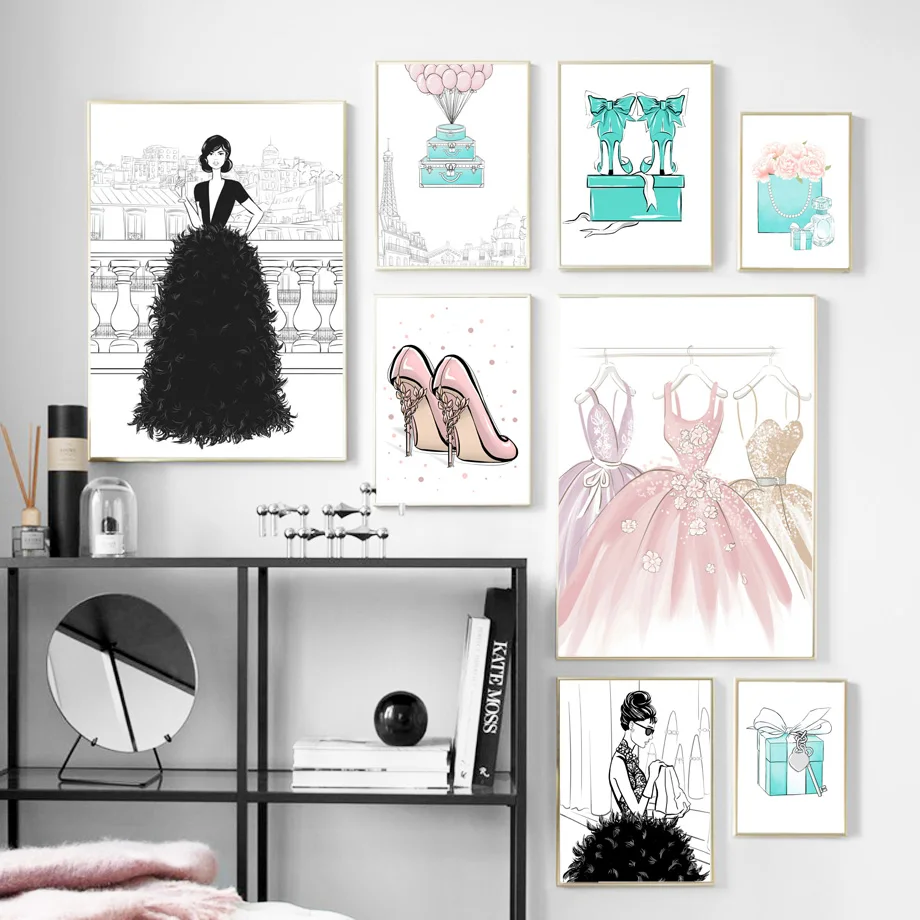 Robe à talons hauts pour filles, boîte-cadeau, peinture sur toile d'art mural, affiches et imprimés nordiques, images murales pour décor de salon
