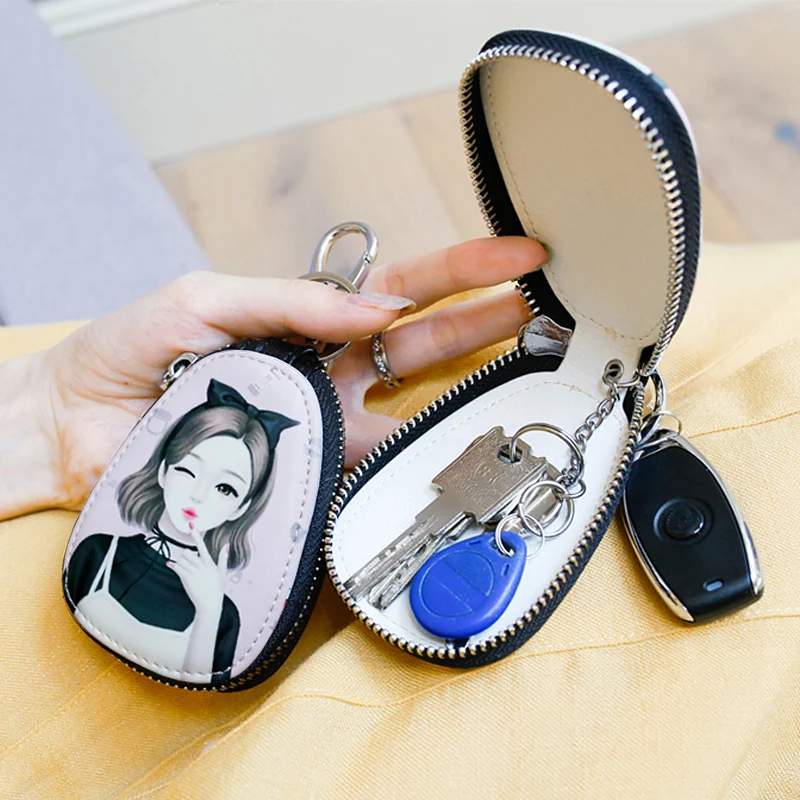 New Fashion Cartoon Key Bag for Women Small Leather Key Wallet Housekeepers Car Key Holder Case Zipper Smart Keychain Pouch