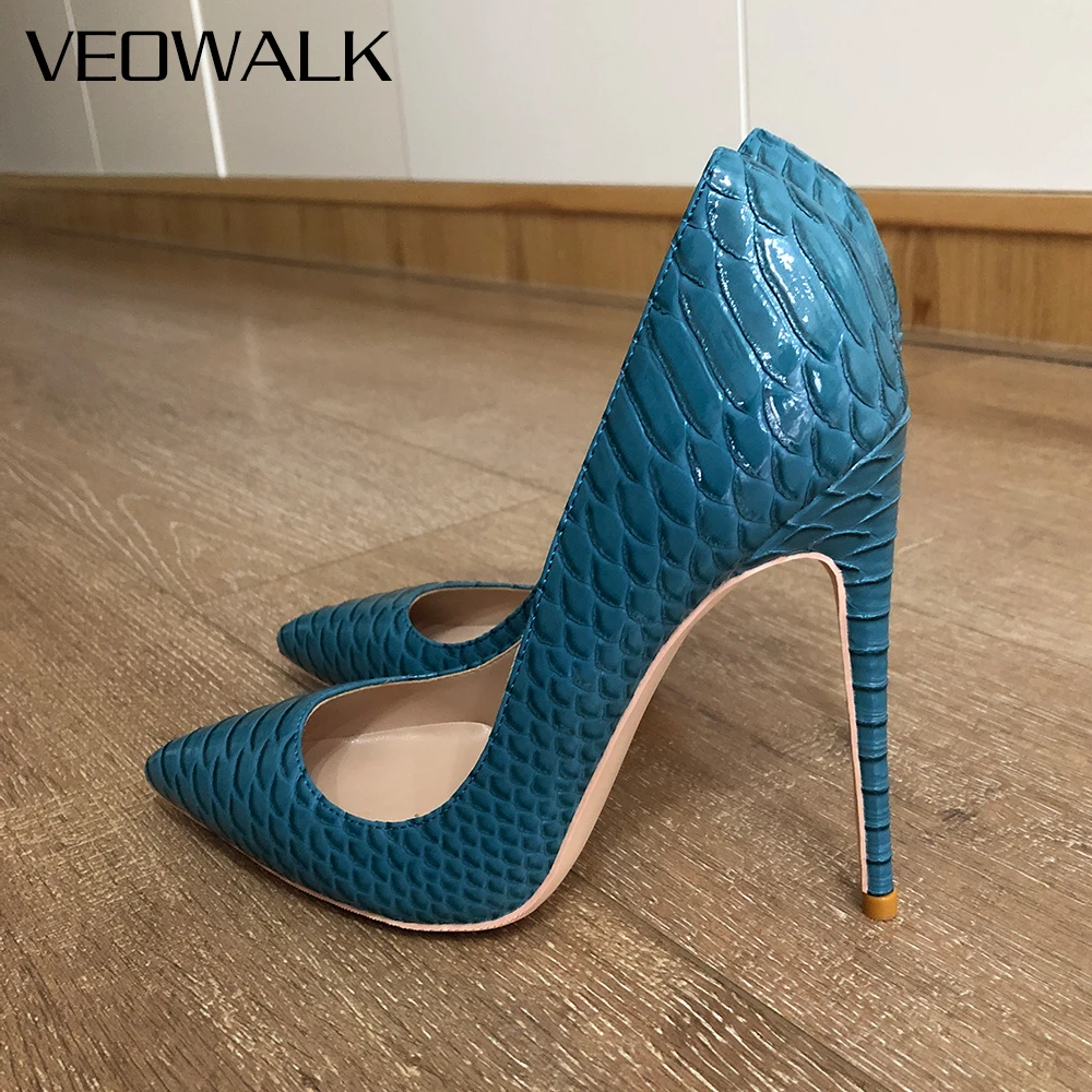 Veowalk décolleté a spillo Sexy con punta a punta da donna blu effetto Croco 8cm 10cm 12cm scarpe da festa con tacco alto sottile misura grande 43