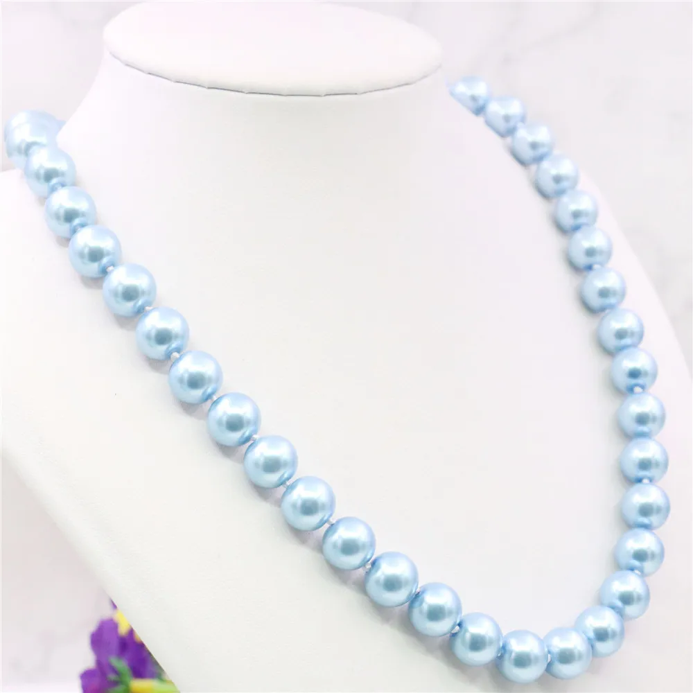 10mm Round Sky Blue Pearl Shell Necklace Women Girls Hand Made Jewelry Making Design Fashion Accessory Gifts For Mother