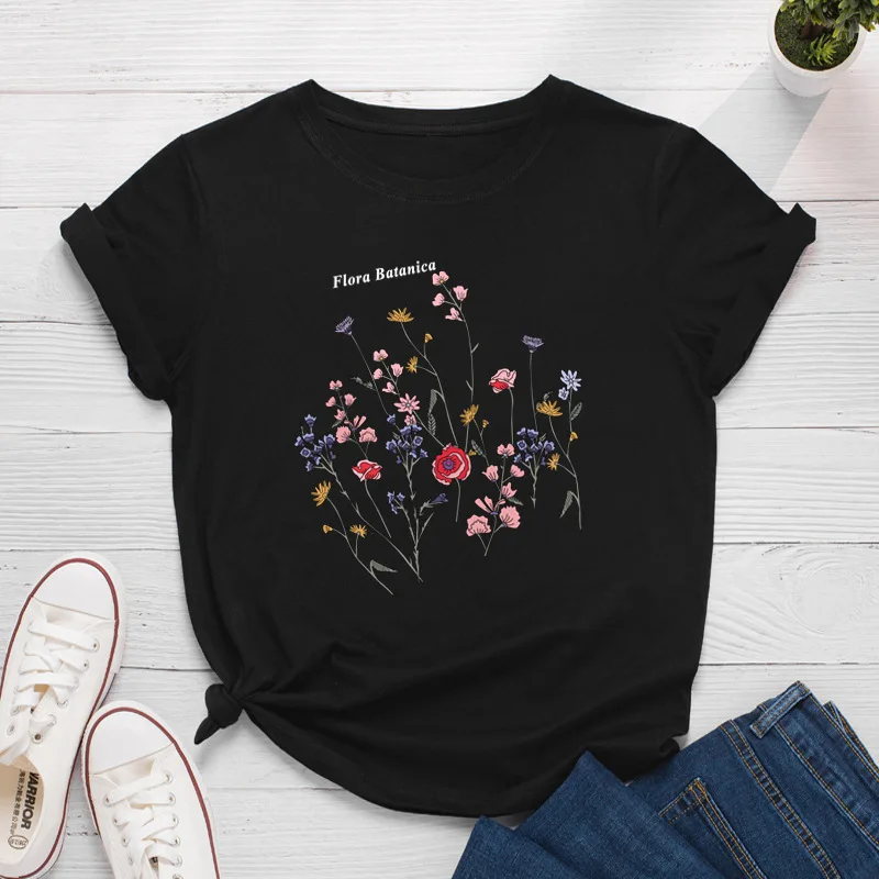 

European And American Women's Plus Size Fashion Plant Flowers Harajuku Top Tees Casual Short-sleeved Cotton Loose Women T-shirt