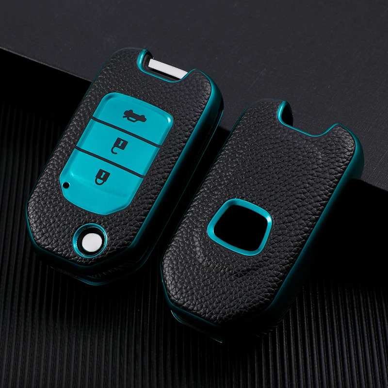 TPU Leather Car Flip Key Case Protective Cover Shell Keychain for Honda Civic CR-V HR-V Agreement Jade Crider Odyssey 2015-2018