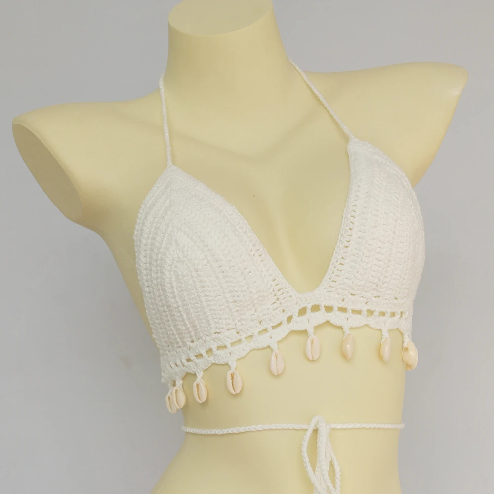2020 new handmade crochet shell tassel split bikini sunbathing beach spa swimsuit bra women\'s bikini