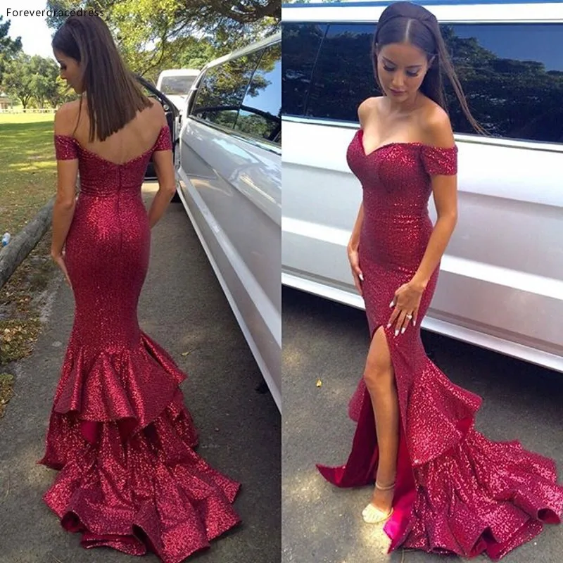 

Burgundy Wine Red Prom Dress Mermaid Off Shoulder Side Slit Sequins Party Gown