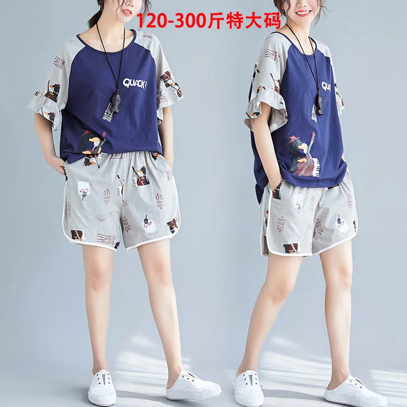 150Kg Plus size women's new summer cartoon cotton pajamas set bust150cm 6XL 7XL 8XL 9XL short sleeve T-shirt shorts home service