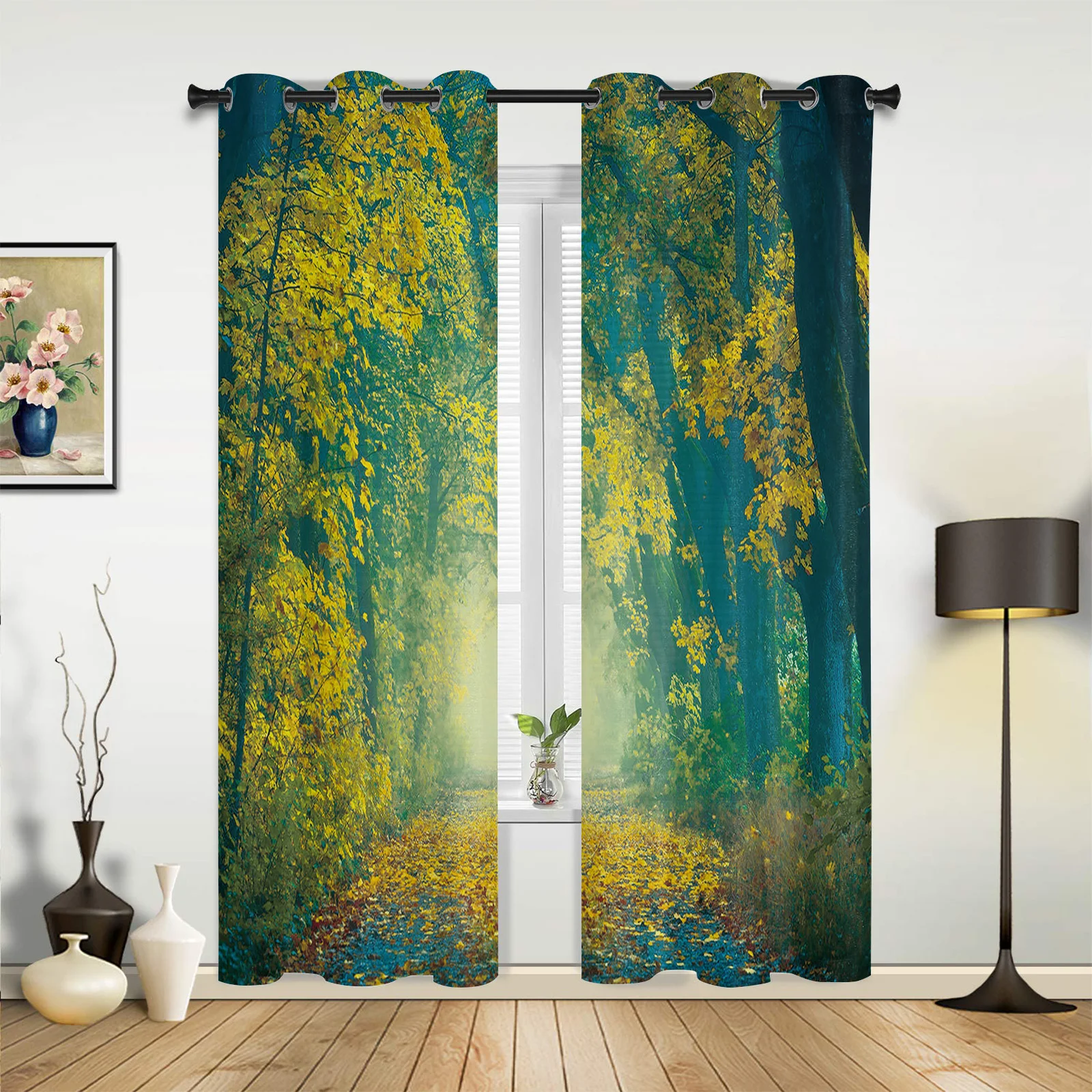 Autumn Forest Path Quiet Kitchen Curtain Kids Bedroom Living Room Balcony French Windows Curtain Fabric Pergola Bathroom