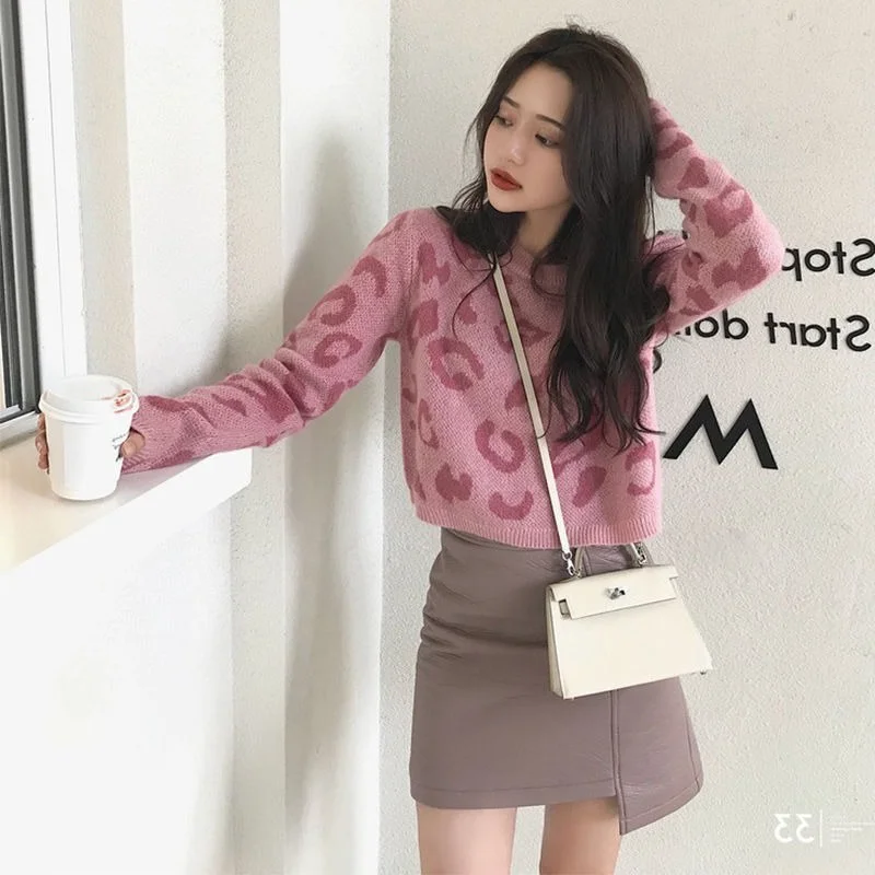 Pullovers Women Fall Woman Sweaters Vintage Cropped Sweater Korean Fashion Streetwear Student All-match Loose Chic Pink Simple