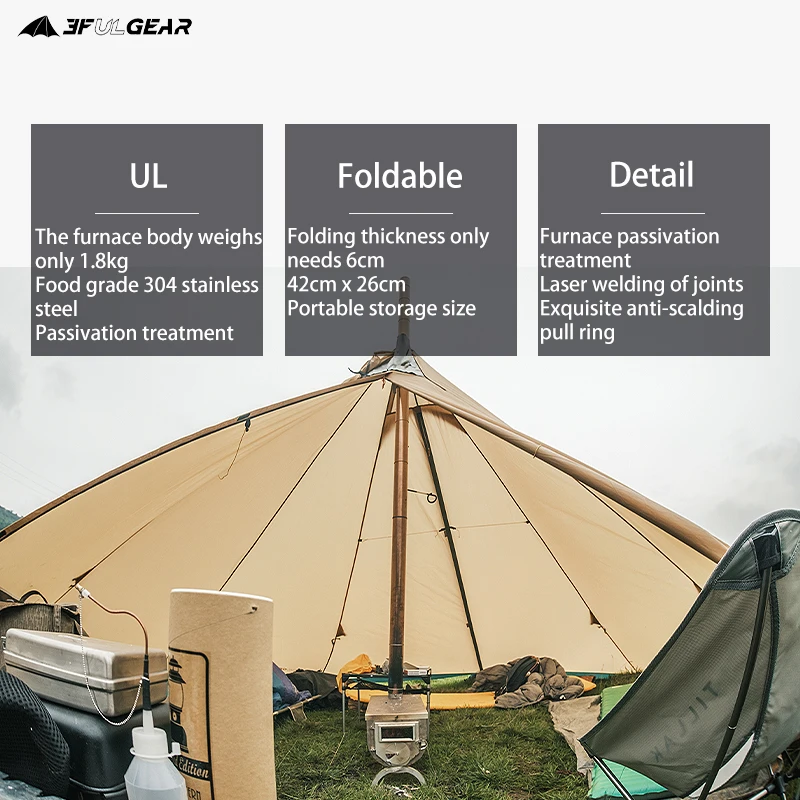 3F UL เกียร์ Ultralight Titanium Alloy & 304สแตนเลสเตาไม้อเนกประสงค์ Camping เต็นท์ความร้อนเตากลางแจ้ง Survival