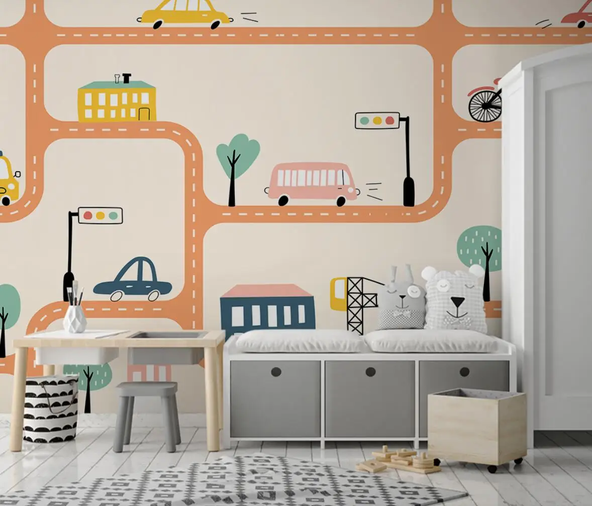 

beibehang Custom Modern minimalist mural wallpaper for children's room sky learning traffic cartoon car bedroom mural wall paper