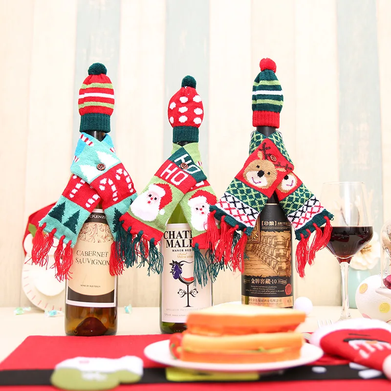 Knitted Wine Bottle Bag New Year Decor Bottle Cover Christmas Gift Wine Bottle Bag Santa Claus Christmas Tree Pattern 12pcs/lot