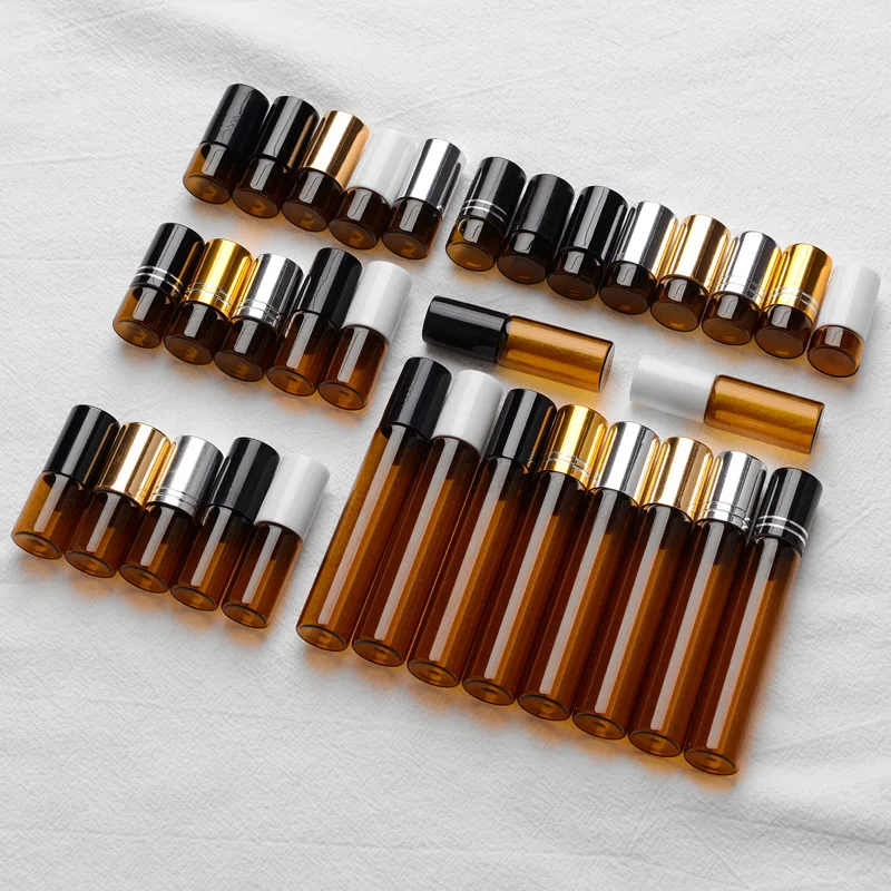 30Pcs 1ml 2ml 3ml 5ml 10ml Bursztynowa cienka szklana rolka na butelce Próbka Test Olejki eteryczne Perfumy Fiolki z czarnym wałkiem Metalowa kulka