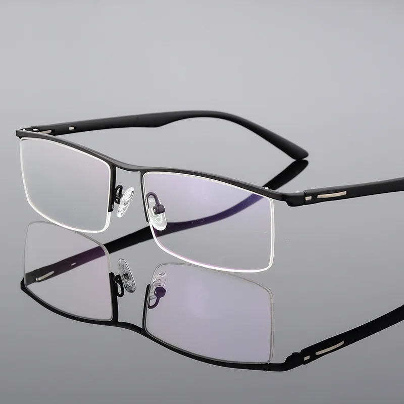 Half Rim Spectacles with Spring Hinges, Rectangle Eyewear, Alloy Frame Glasses, Browline Frame, Business Style, Men