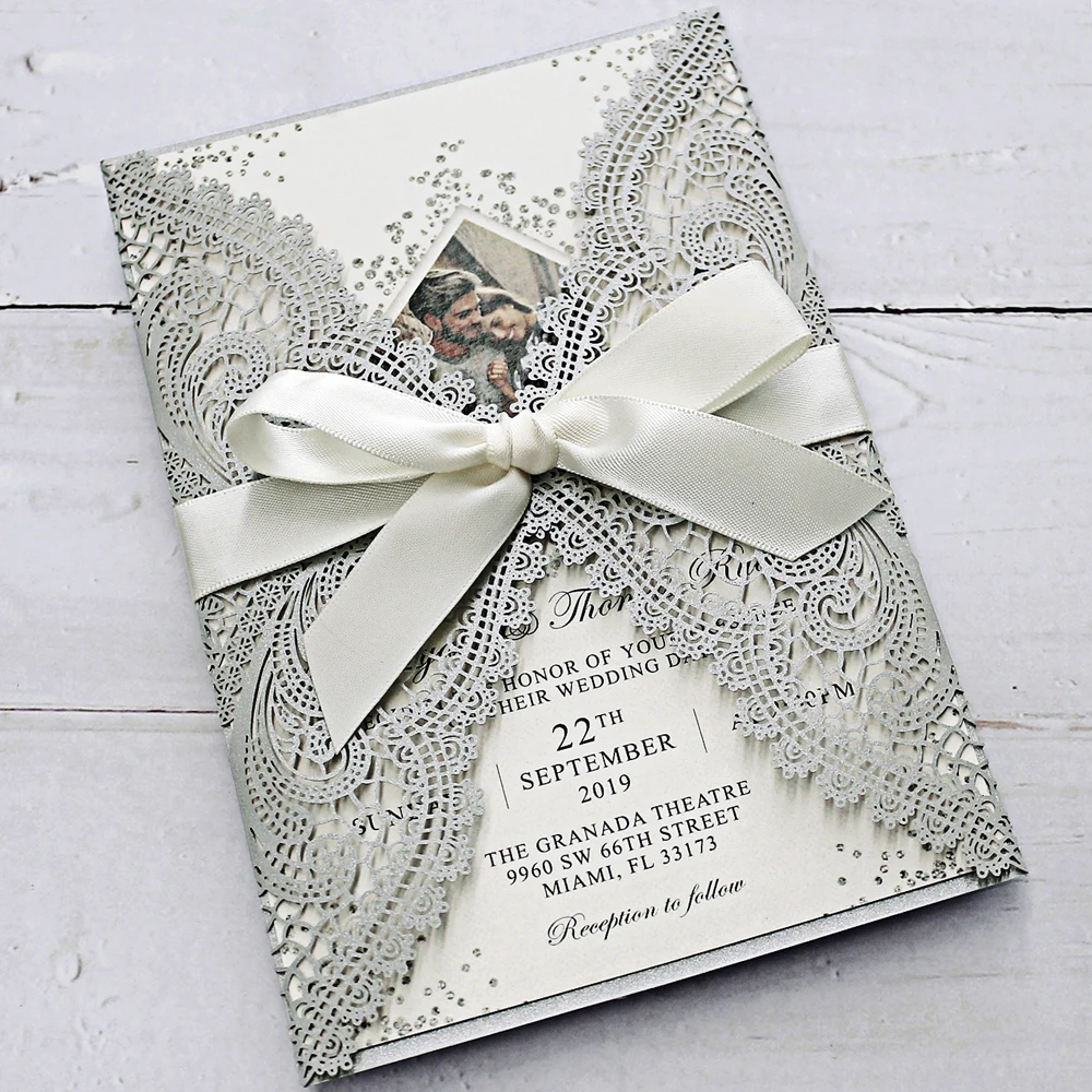 Laser Cut Silver Grey Wedding Invitations with Ribbon Bow - Set of 50pcs