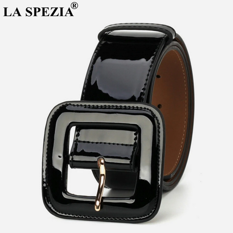 Women Belt Wide Ladies Belts Black Patent Leather Belt Women Genuine Leather Cowhide Fashion Big Buckle Square Belt For Dresses