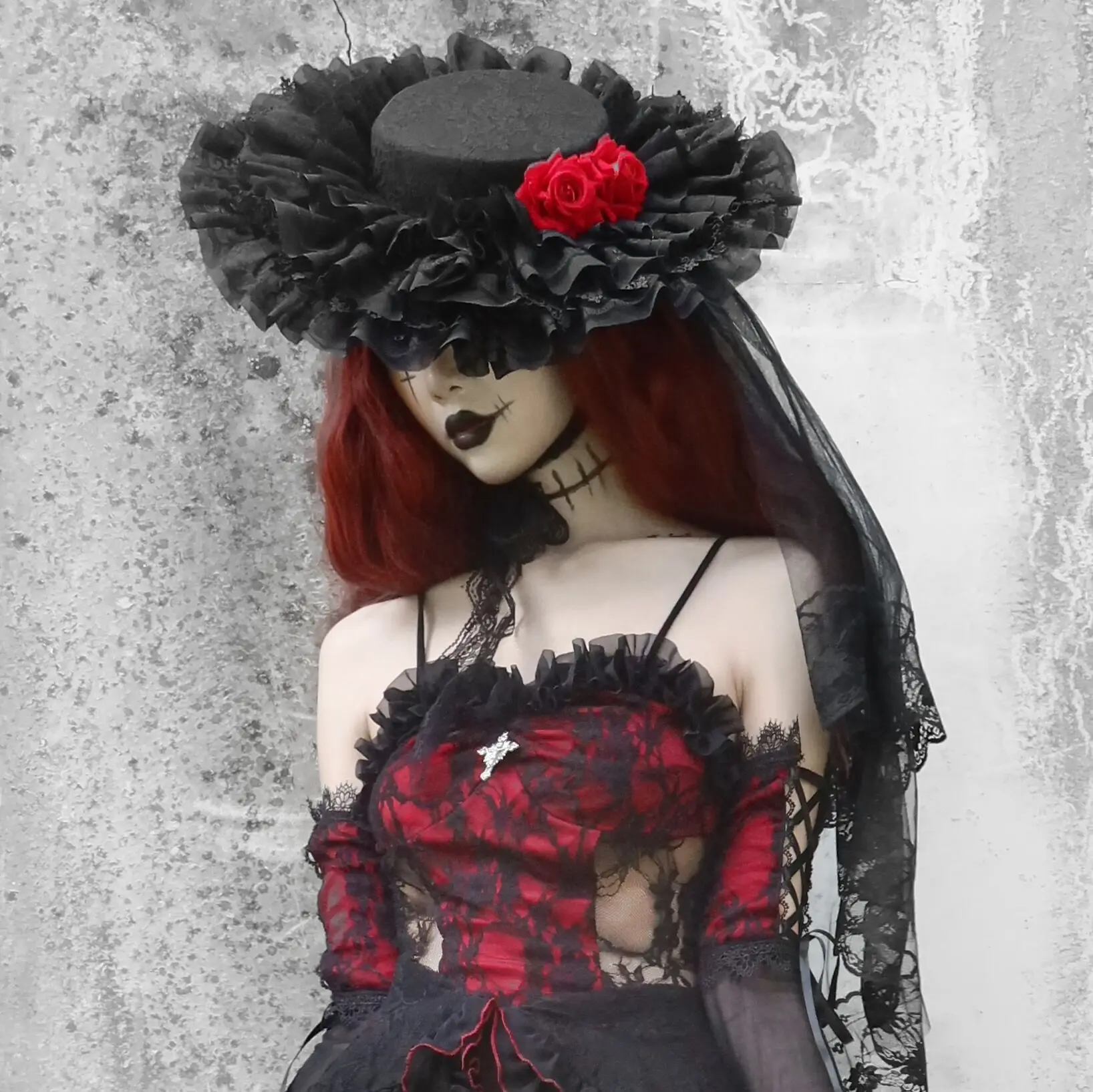 

Blood Supply Original Vampire Black Red Lace Fedoras Holloween Lolita Heavy Gothic Rose Hat