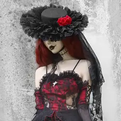 Blood Supply Original Vampire Black Red Lace Fedoras Holloween Lolita Heavy Gothic Rose Hat