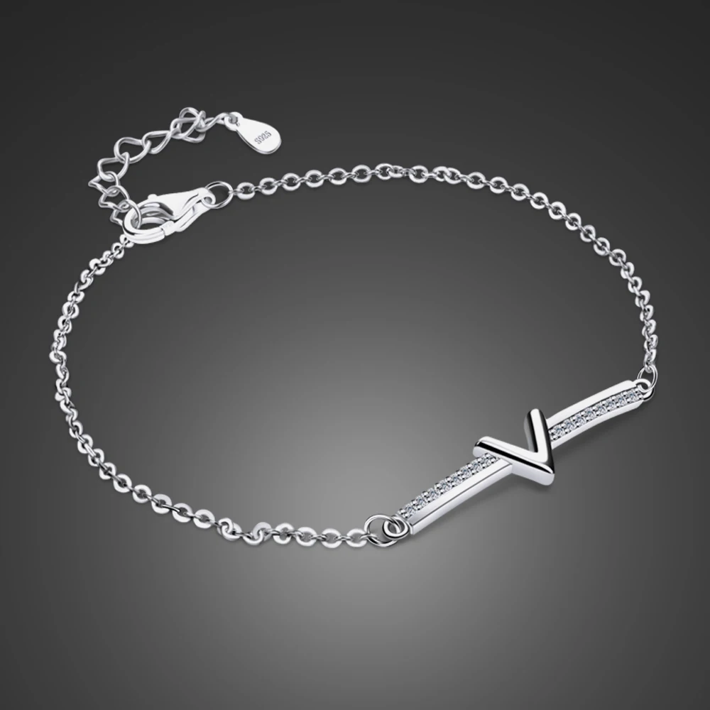 Holiday Gift S925 Sterling Silver Chain Letter V Ankle Bracelet Personality Charm Zircon Anklet Hand Decoration Silver Jewelry