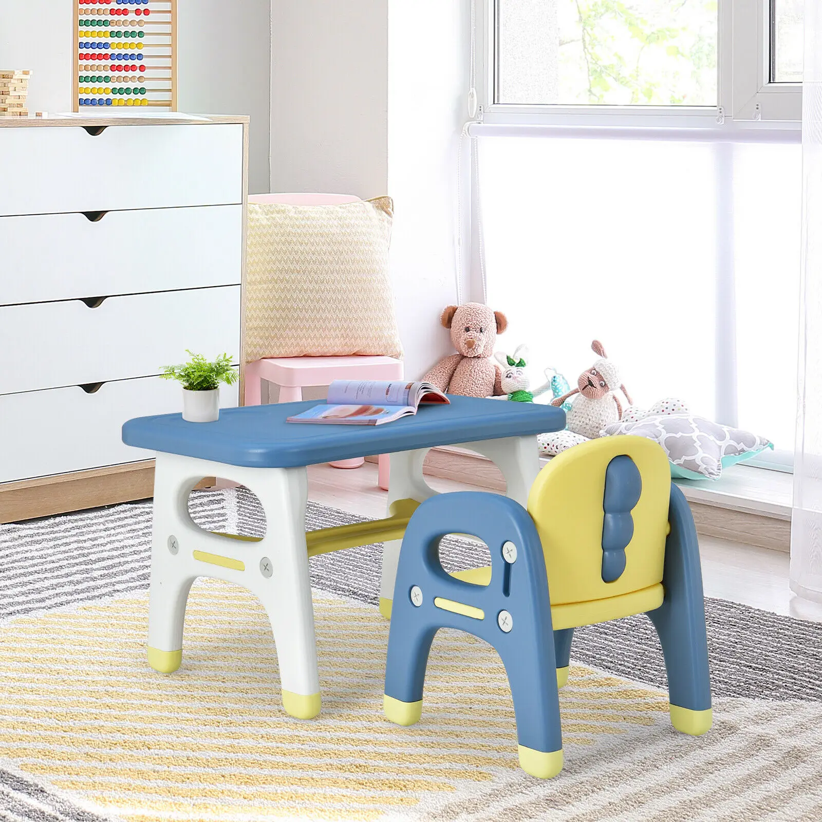 Babyjoy crianças dinossauro mesa e cadeira conjunto atividade estudo mesa com blocos de construção bb5623bl