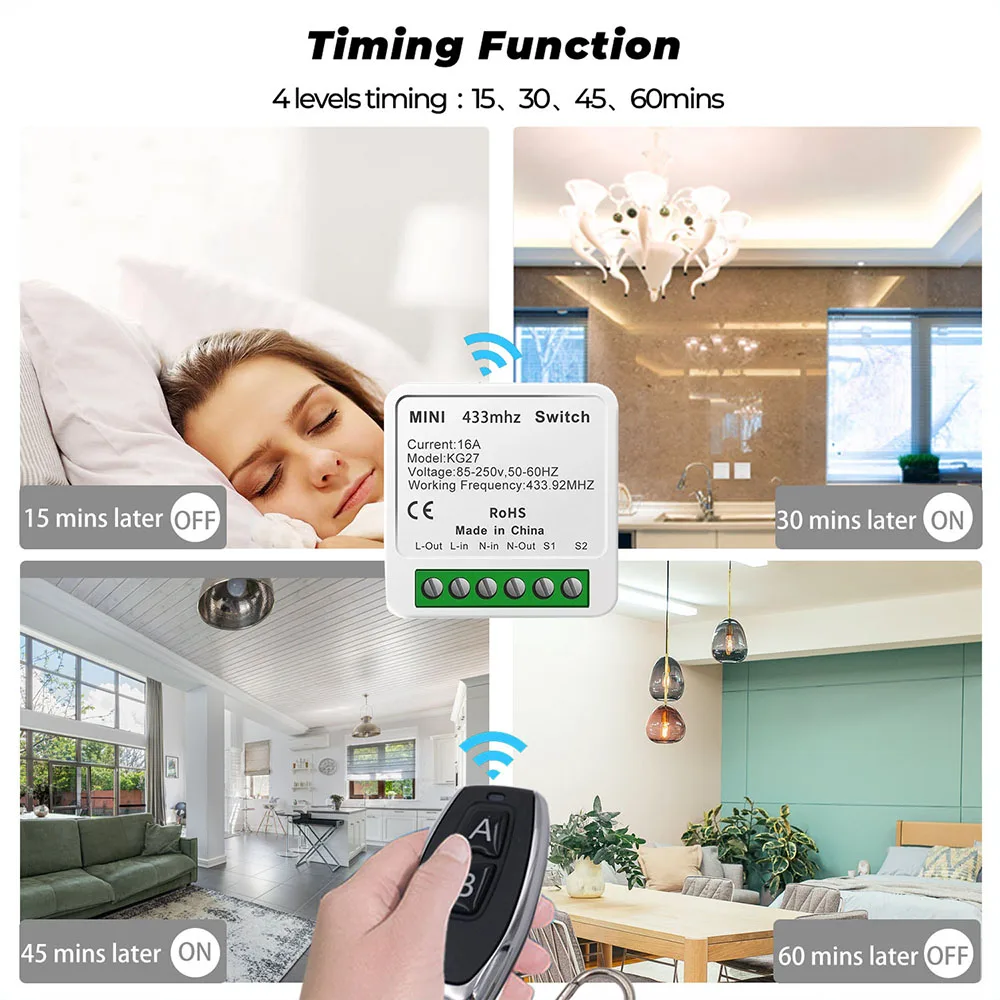 Universal Remote Control RF 433MHZ Relay Receiver Mini 16A 220V Timer Support 2 Way control,Wireless Key fob,for Home Appliance