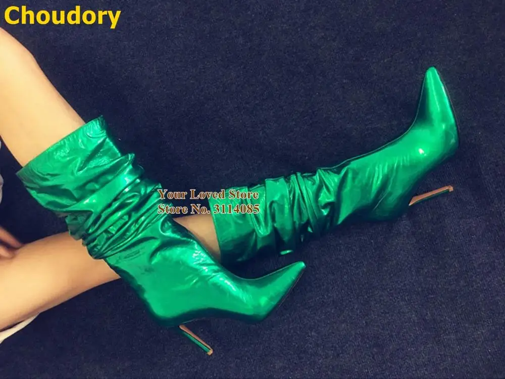 

Choudory Green Pearl Patent Leather Middle Boots Stiletto Heels Folded Dress Boots Stage Pointed Toe Glossy Pleated Tall boots