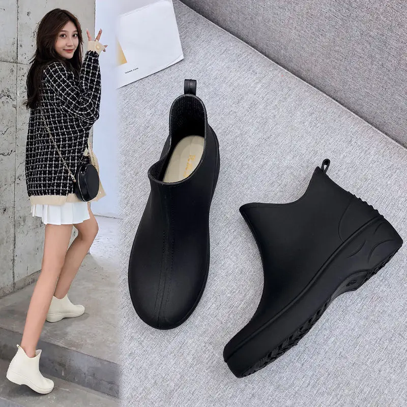 Japan Fashion Woman Ankle Rain Boots,House Wives Mark Shopping Platform Water Shoes,Rubber Galoshes,Non-slip,Slip On,Black,Beige