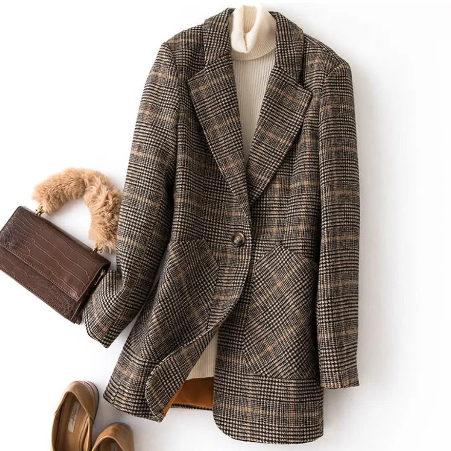 

plus size 3XL!New Women woolen Blazer Plaid Suit Coat Office Ladies Work Top Autumn Winter Women's Jackets and Coats