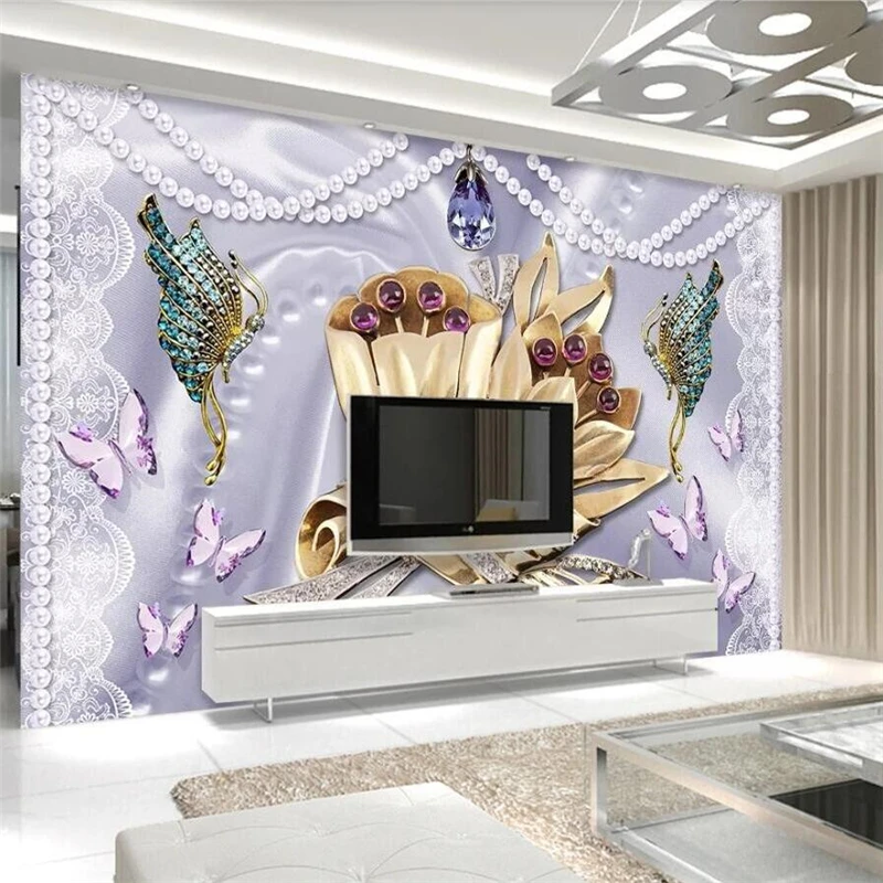 

Custom wallpaper 3d crystal pearl rose butterfly romantic European TV background wall 5d living room bedroom mural 8d wallpaper