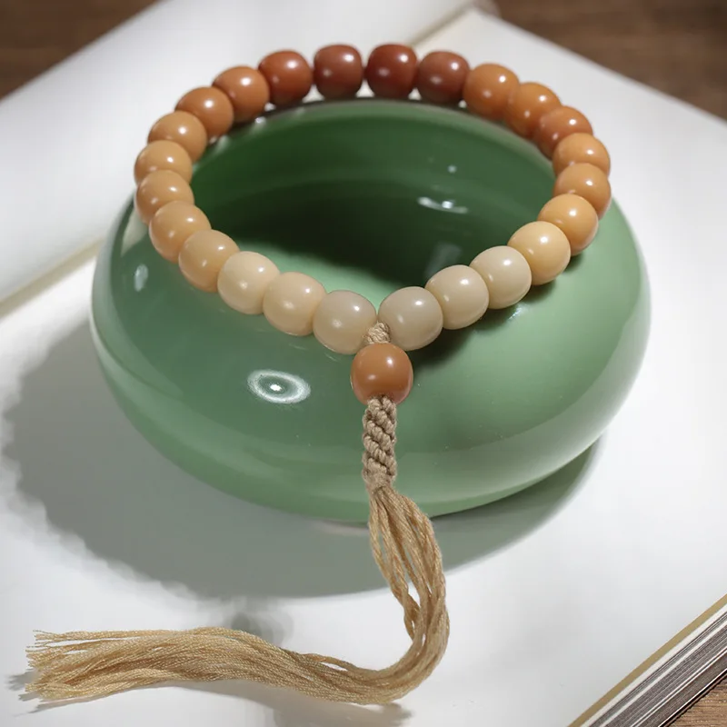 Natural Yellow Gradient Color Bodhi Root Beaded Bracelet Tassel Pendant Holding Mala Rosary Meditation Prayer Women Men Jewelry