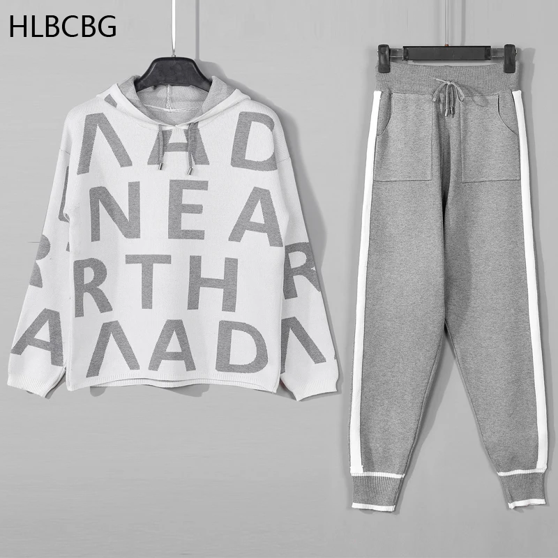 Knitted Carrot Pant 2 Piece Sets Argyle letter Cropped Hooded Women Sweater + Big Pocket Harem Pants Two Piece Women Tracksuits