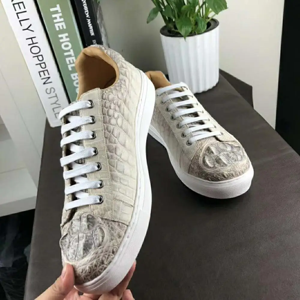 Himalaya white color genuine crocodile skin alligator head leather men shoe sneaker with cow skin lining solid quality shoe base