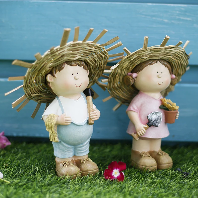 

Pastoral Straw Hat Children Characters Resin Sculpture Outdoor Garden Furnishings Decoration Balcony Courtyard Ornaments Crafts