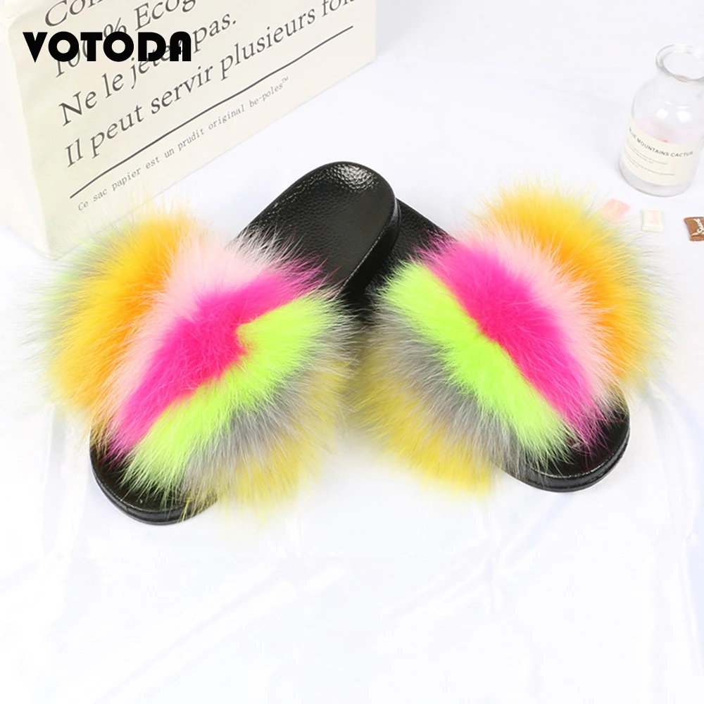 Summer Furry Shoes Women Fur Slippers Fluffy Raccoon Fur Sandals Fox Hair Slides Flat Rainbow Flip Flop Fuzzy Shoes Woman Slider