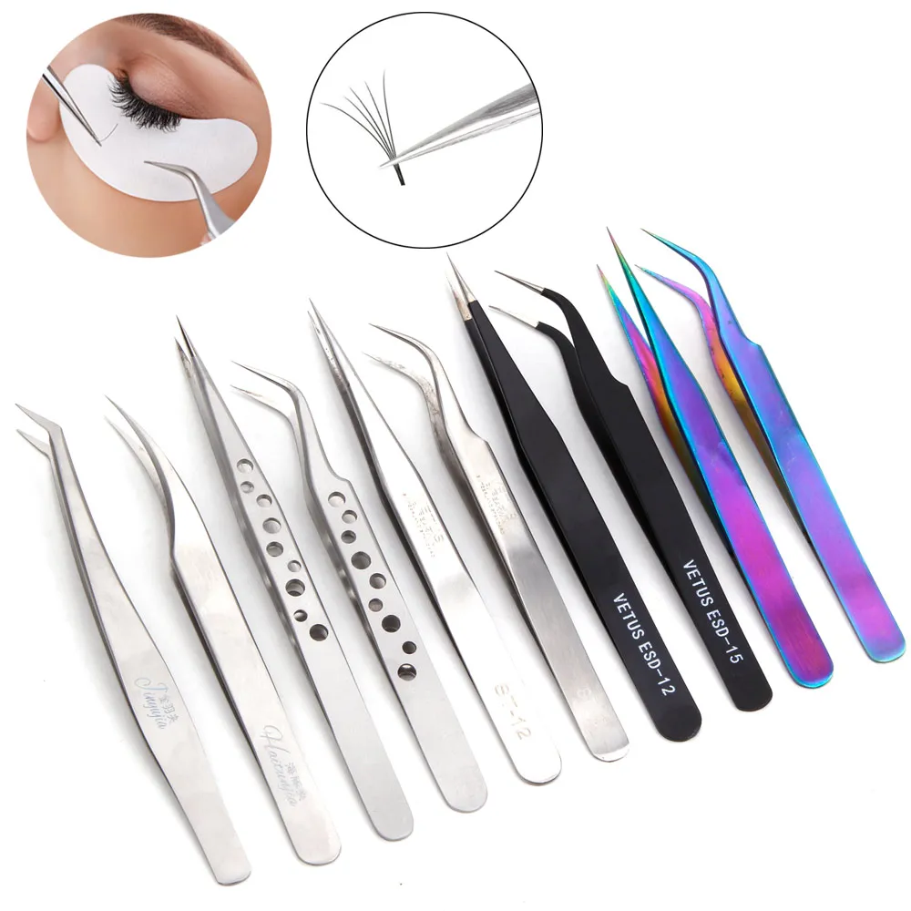 2pcs Stainless Steel Eyelash Extension Tweezers Volume Lashes Straight Curved Pick Up Eyelashes Individual Tweezer Makeup Tool