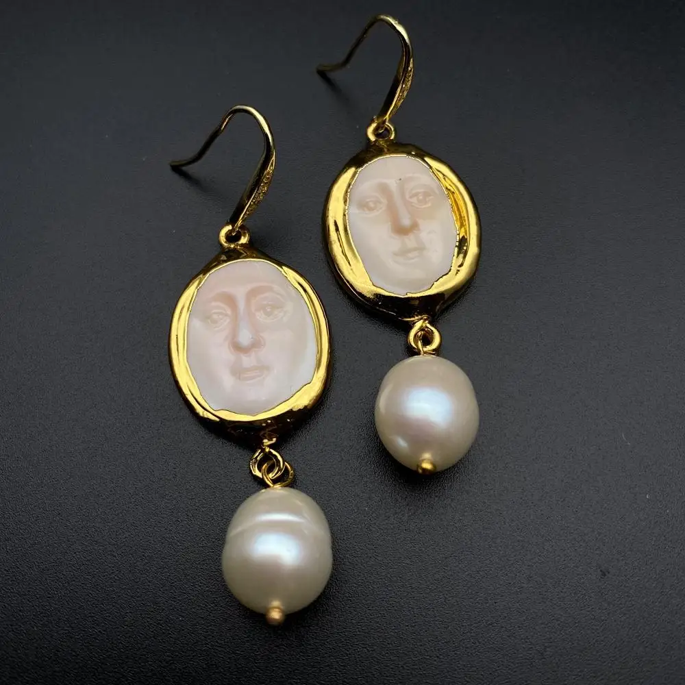 YYGEM Natural Cultured White Rice Pearl Pink sea shell  FacialDangle Hook Earrings religious style for women