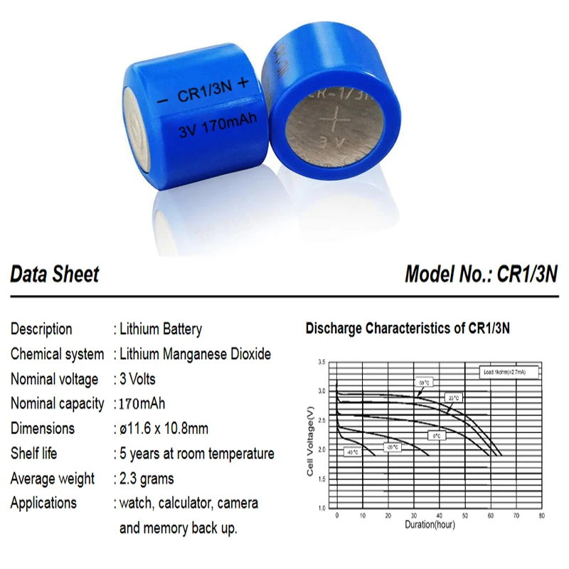 100PCS 3V CR1/3N 170mAh Lithium Battery Cells 3V CR-1/3N CR13N M6 M7 DL-1/3N CR1/3N  for Camera Locator batteries