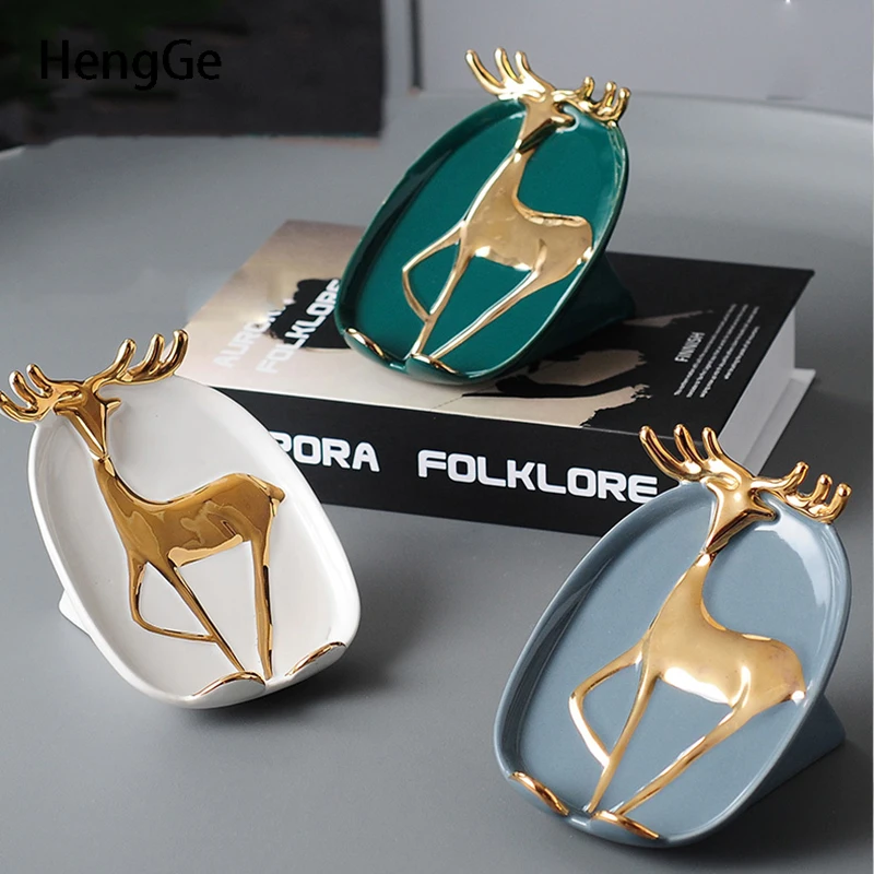 Golden deer Relief Ceramic soap dish modern decor Punch-free drain soap holder Multifunction cell phone Stent bathroom shelves