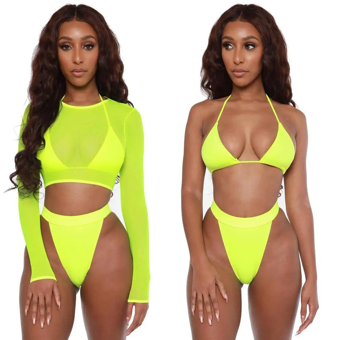 Cache maillot trois pièces en maille jaune néon pour femme, haut court, manches longues, sexy, ensemble bikini, vêtements de plage, été, 2024