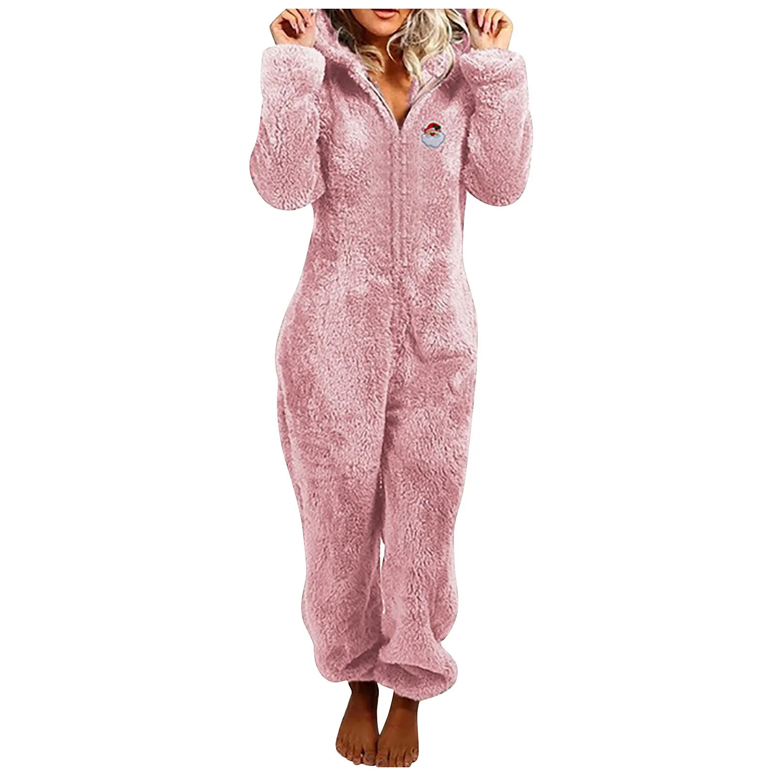 Fashion zipper autumn and winter women\'s hooded pajamas Christmas home clothes warm solid color thick plush jumpsuit multicolor