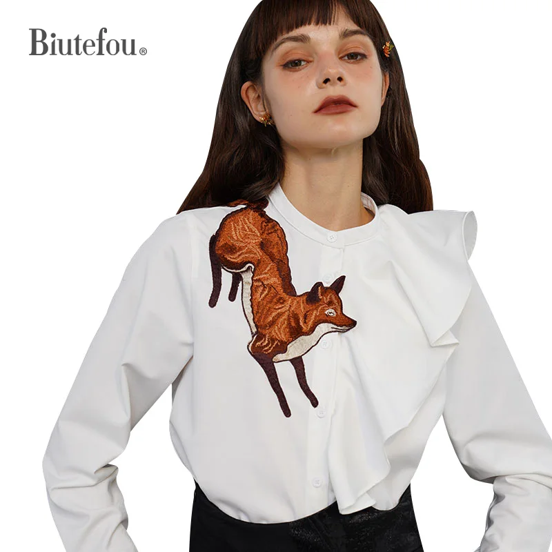 Women\'s Fox Embroidery Stand Collar Asymmetrical Wavy Ruffle Shirt