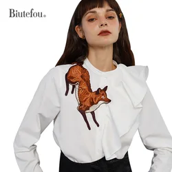 Women's Fox Embroidery Stand Collar Asymmetrical Wavy Ruffle Shirt