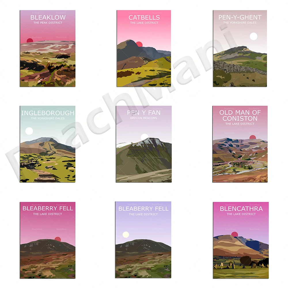 Coniston, Blencathra, Bleaklow, Yorkshire Dales Pen-Y-Ghent, Ingleborough, Wales Pen Y Fan, Cumbria, Keswick travel poster