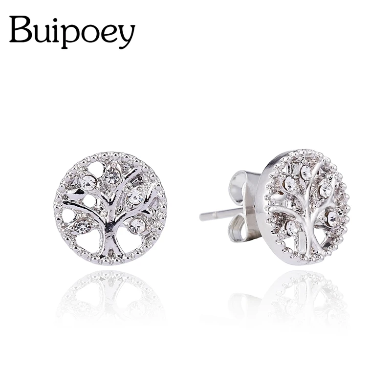 Buipoey Silver Color Tree Of Life Earrings For Women Girl Round Stud Earrings Jewelry Friends Couple Birthday Gift Anti Allergy