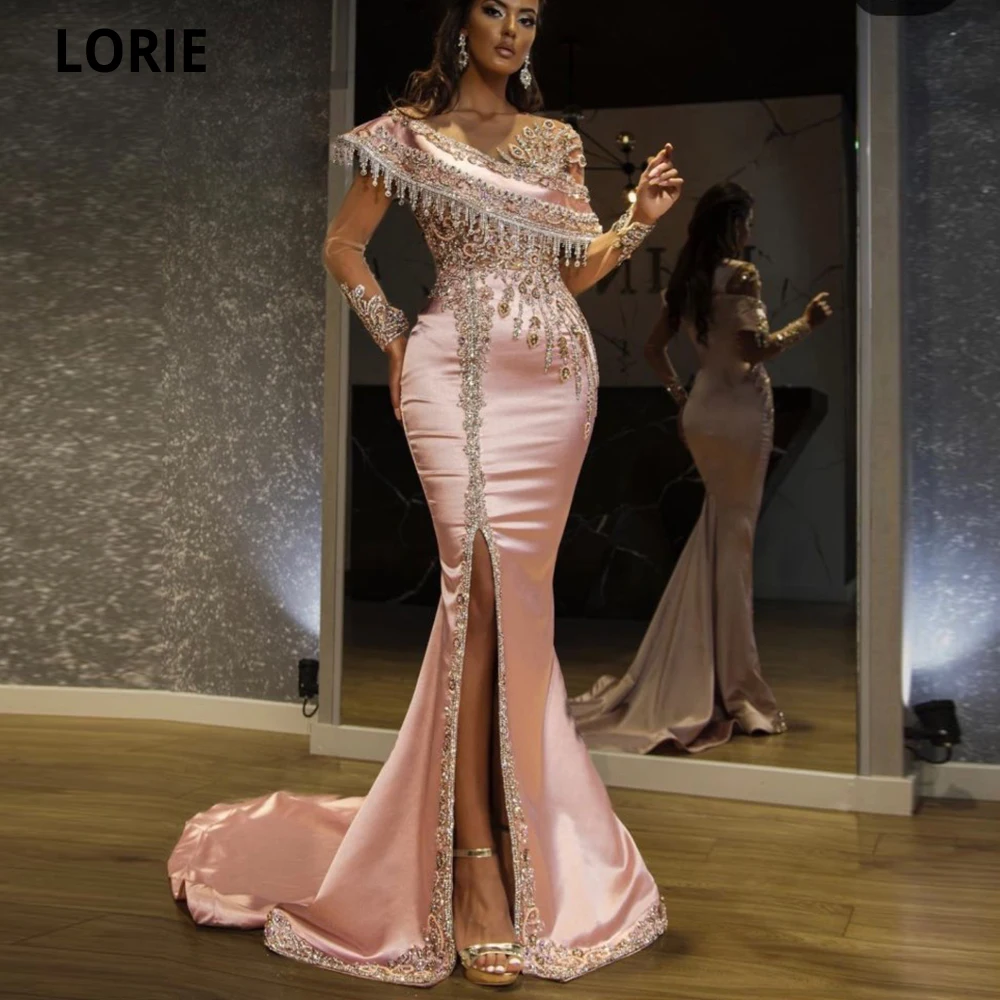 LORIE Crystals Beads Pink Satin Evening Dresses Dubai Arabic Abiye Formal Prom Party Gowns With Split 2021 Celebrity Dresses