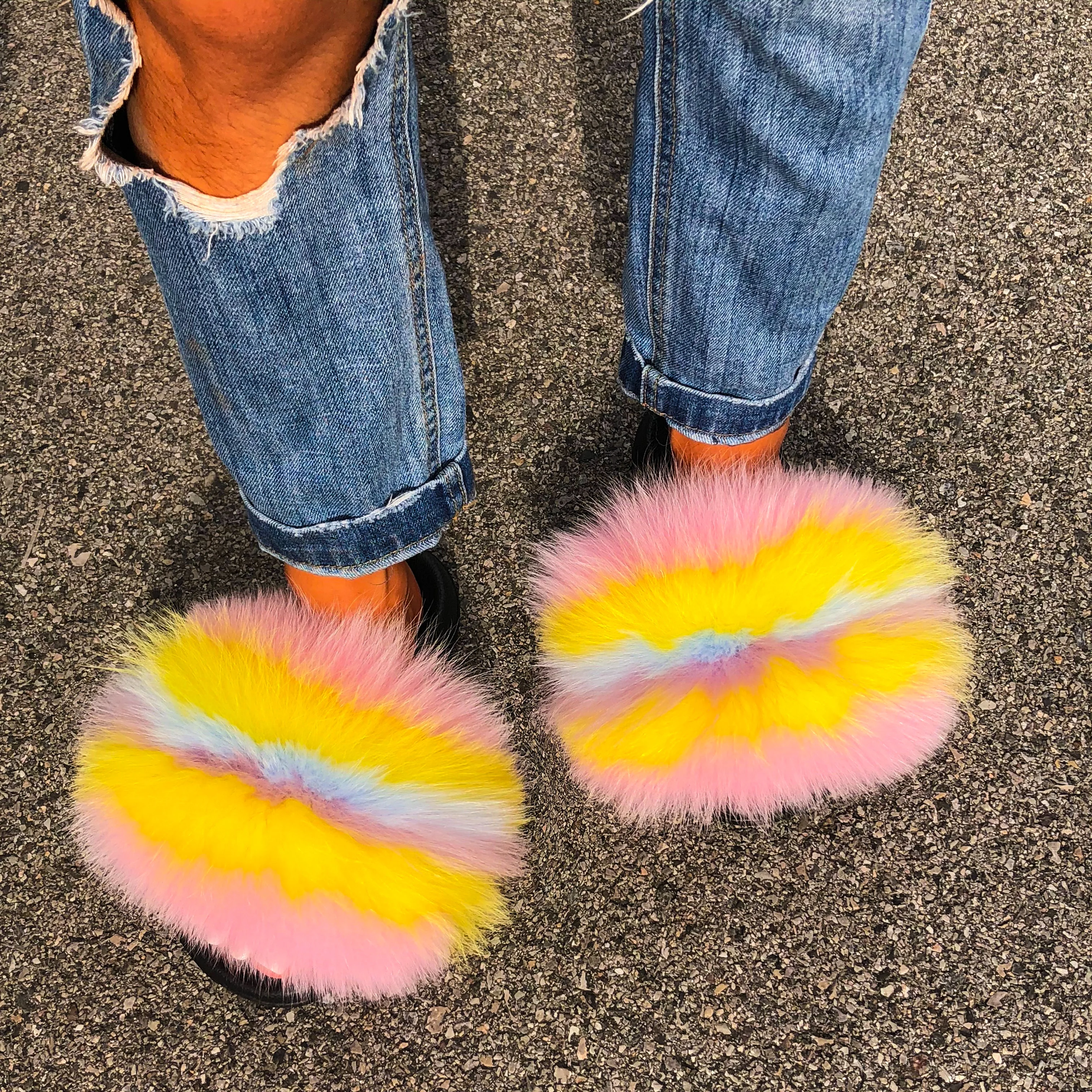 ETHEL ANERSON Women's Flip Flops Raccoon Furry Fur House Slippers with Real Fluffy Fur Slides For Woman Designer Style White