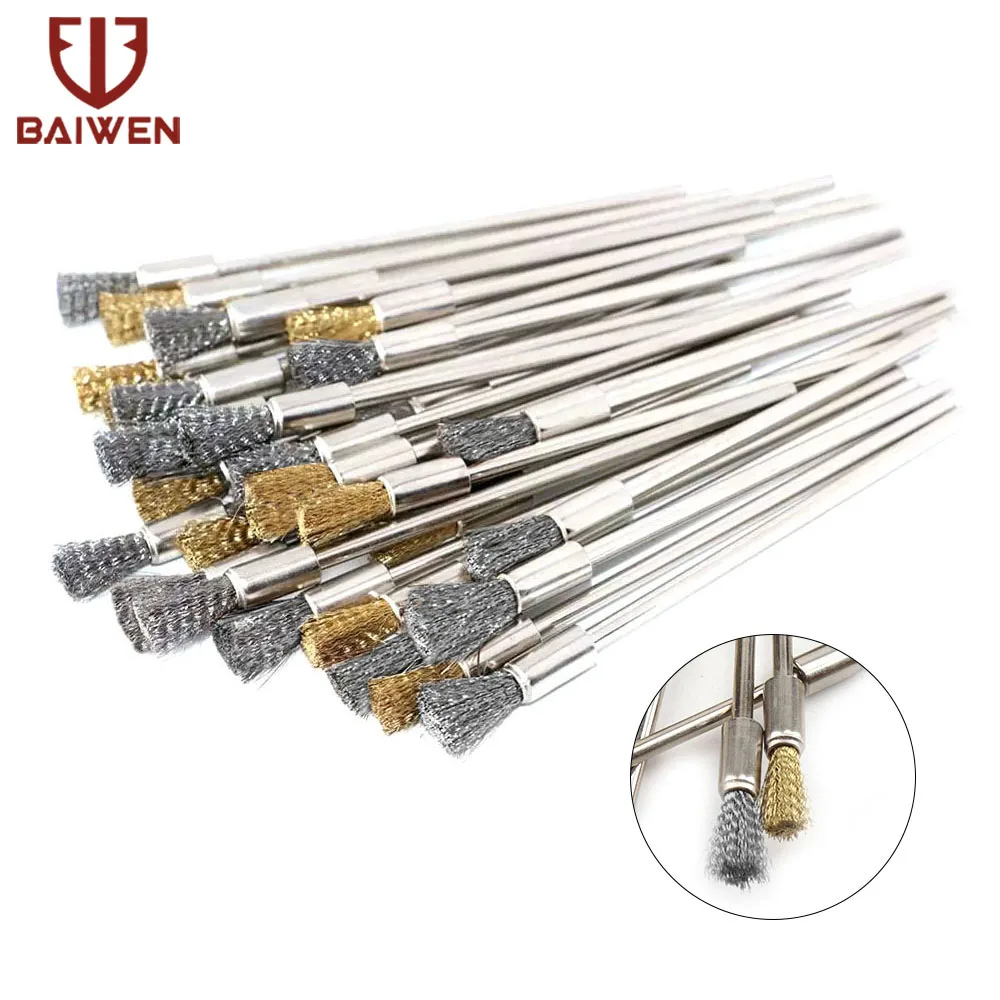 10 Pack Rvs Draad End Borstel Set 3Mm Schacht Messing Pen Vorm Draad Polijsten Borstel Voor Dremel Rotary accessoires