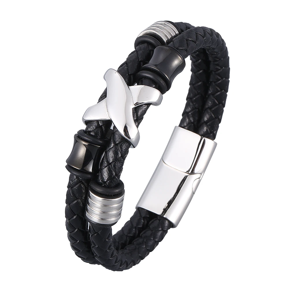 

Stylish Alloy X Letter Braided Leather Cuff Bracelet For Men in Black Wristband Male Jewelry BB0950