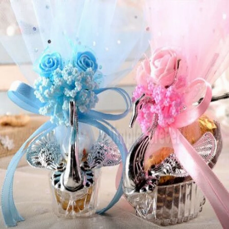 

100pcs/lot Hot Sale European Styles Acrylic Silver Elegant Swan Candy Box Wedding Gift Favor Party with Full Accessory