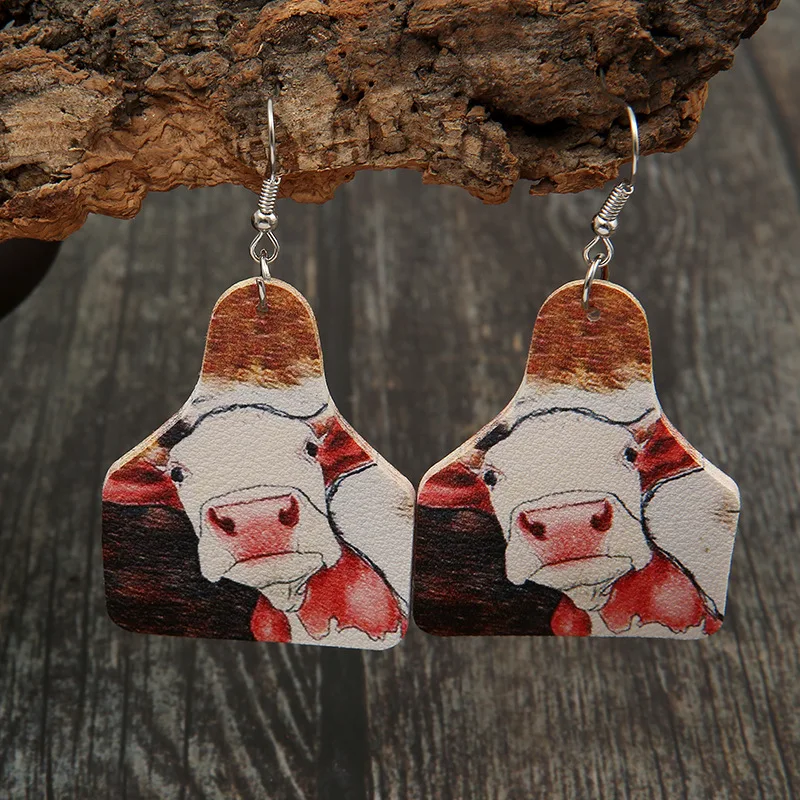 Retro Farm Cow Dairy Animal American Western Cowboy Style Leather Earrings European Fashion PU Jewelry for Women Girl