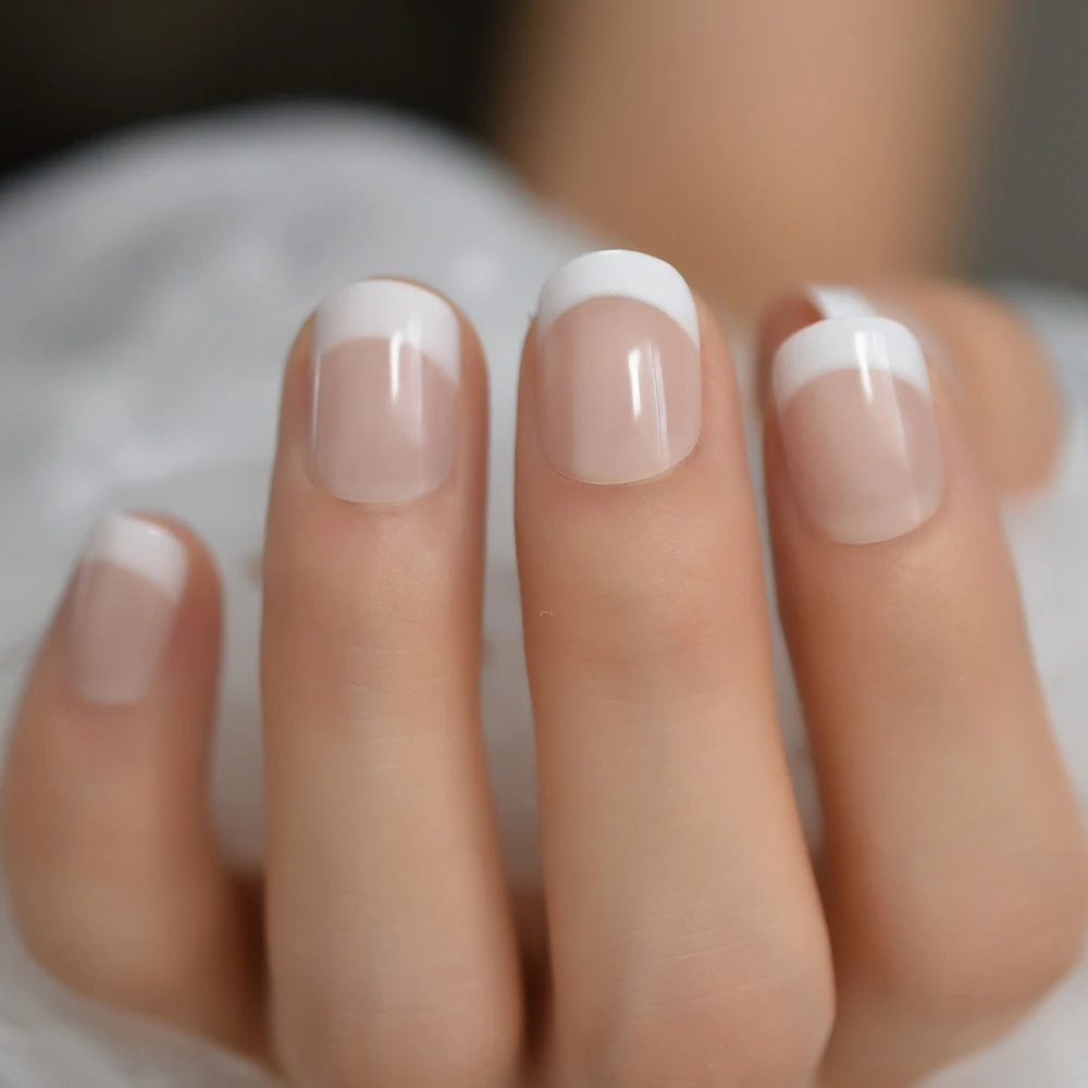 Curto nu natural branco pontas de unhas francesas, unhas postiças, gel de pressão ultra fácil para uso doméstico e de escritório, verão