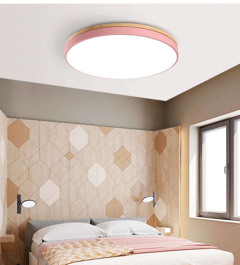 Modern Iron Cookie Ceiling Lamp round Wood Design for Bedroom Restaurant Hotel Dining Room Green Gray White Black Macaron Color